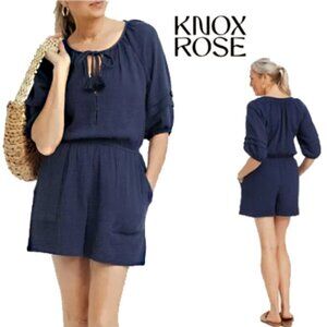 Knox Rose Navy Blue 100% Cotton Gauze 3/4 balloon Sleeve Romper Size L